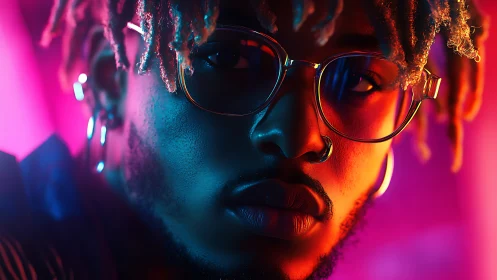 Neon-lit gaze of a midnight dreamer in electric bloom.