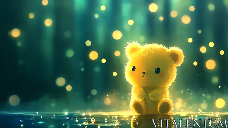 Glowing plush bear sits in dreamy teal and gold light