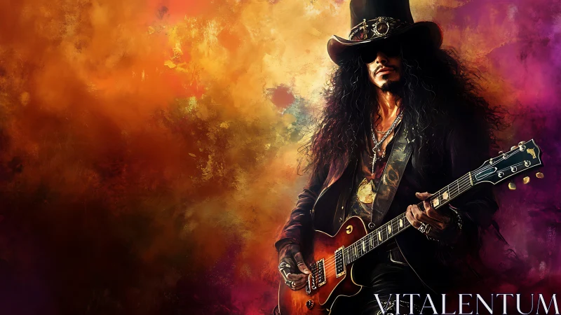 Electric guitarist in hat against abstract warm backdrop.