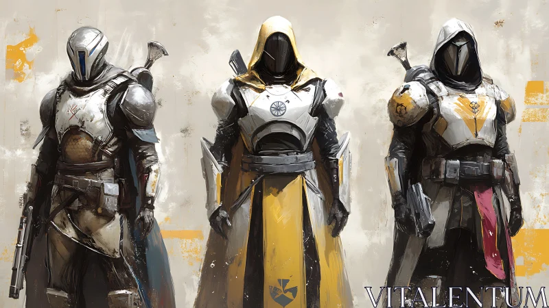 Three armored sci-fi figures in stylized frontal formation.