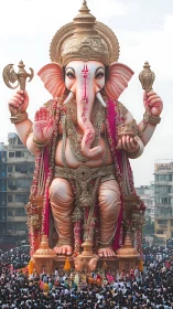 Gigantic Ganesha idol above Mumbai festival crowd.