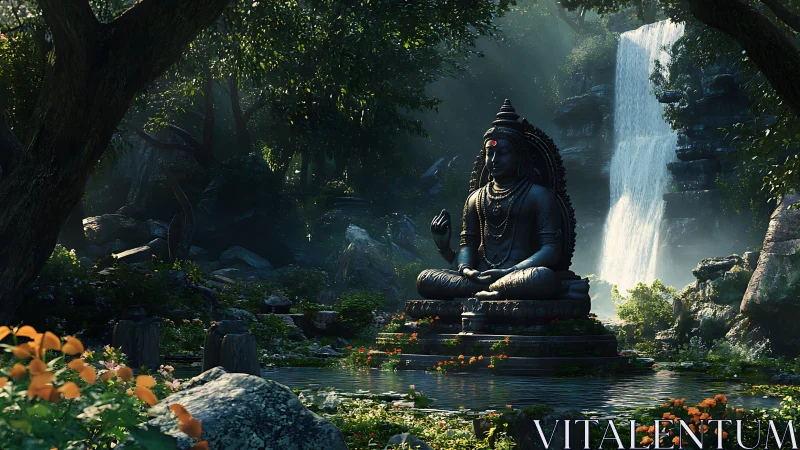 Photorealistic stone deity beside waterfall in forest sanctuary.