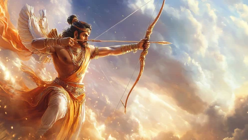 Mythic archer in luminous skies, dynamic digital painting.