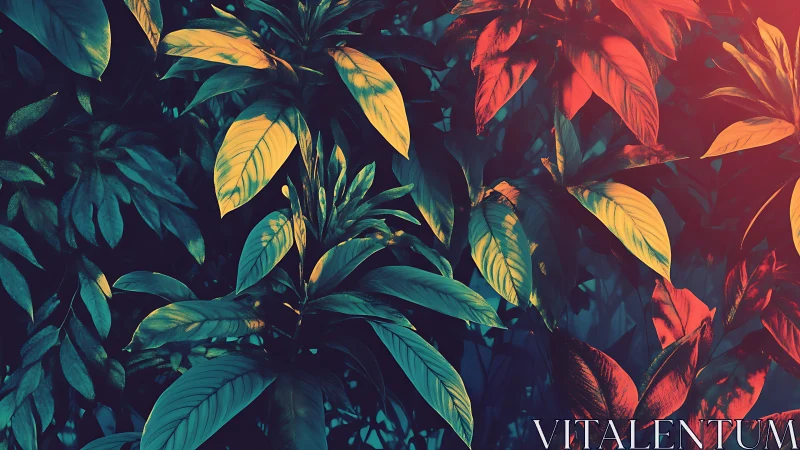 Tropical foliage under contrasting teal and red lighting.