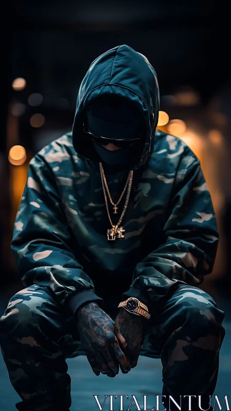Hooded figure in camouflage streetwear with gold accessories.