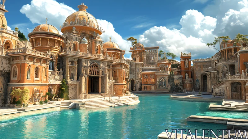 Mediterranean palace complex with domes around turquoise pool