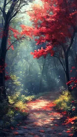 Autumn Forest Path with Red Foliage and Misty Light