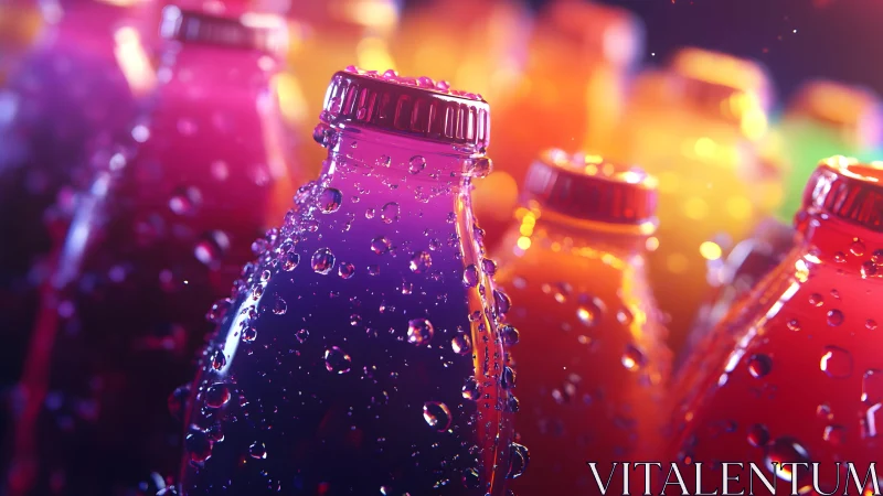 Close-up of Colorful Bottled Drinks with Water Droplets, Vibrant Style.