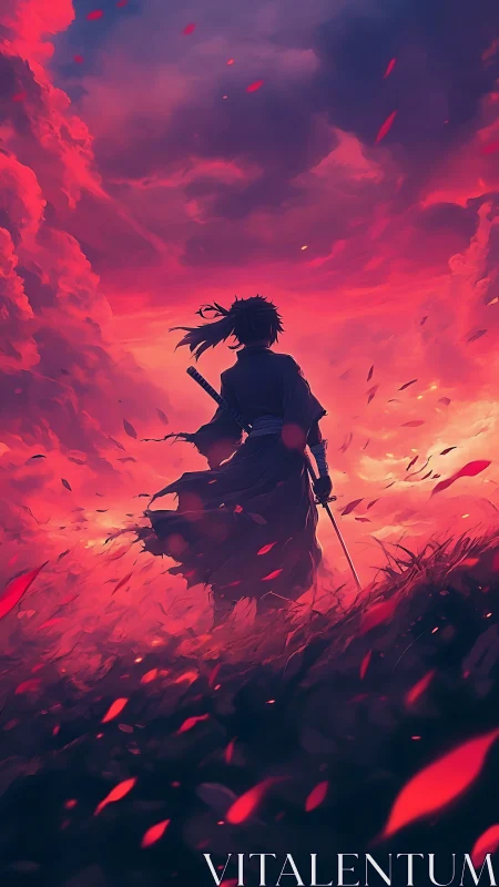 Samurai silhouette faces burning crimson storm sky.