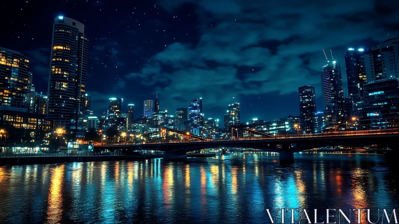 Urban riverfront skyline at night with bridge lights glowing.
