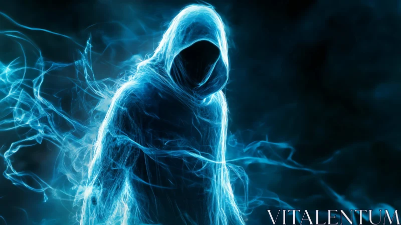 Spectral hooded wraith emerging in electric blue light.