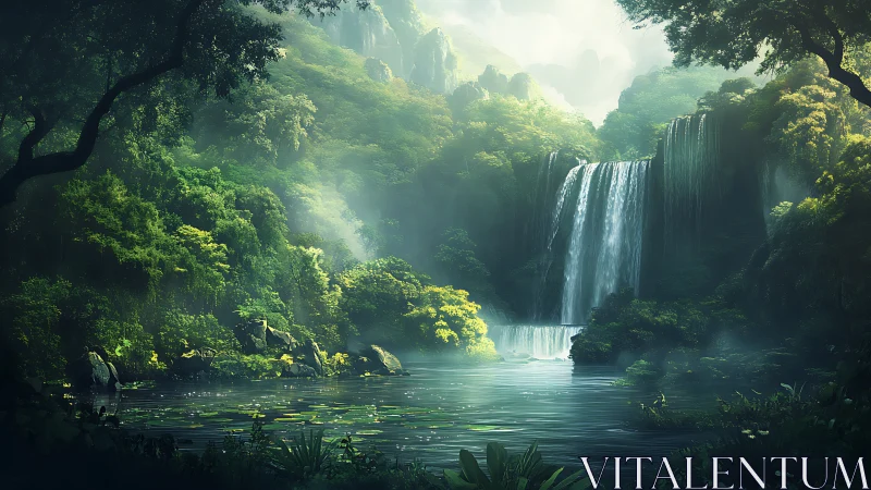 Mystic jungle waterfall over tranquil reflective lagoon.