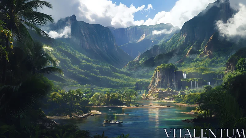 Mountainous tropical valley with architectural ruins and waterway.