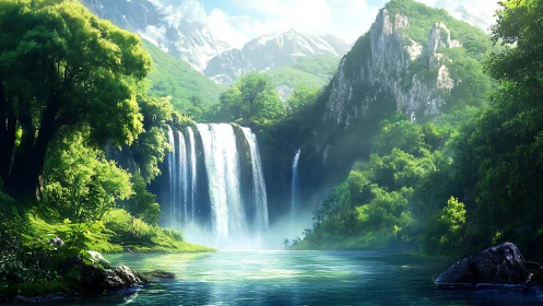 Sunlit emerald waterfall valley welcomes quiet daydreams
