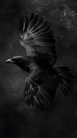 Midnight raven in dramatic monochrome flight study.