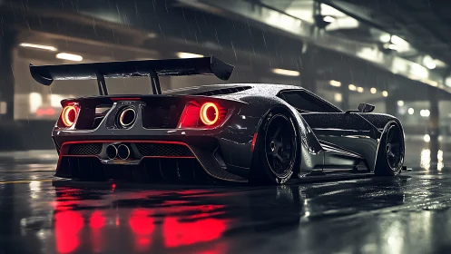 Rain-soaked supercar prowls neon-lit garage midnight stage.