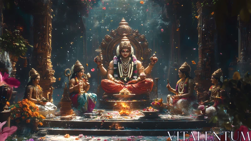 Ritual-lit divine assembly in jewel-toned temple interior.