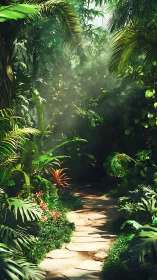 Rainforest path with layered canopy, filtered light through tropical vegetation.