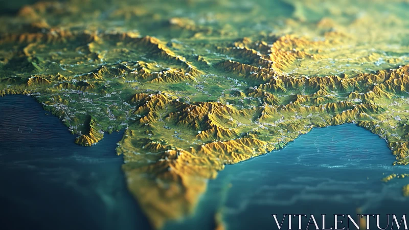 Procedural 3D relief map renders coastal terrain with exaggerated elevation