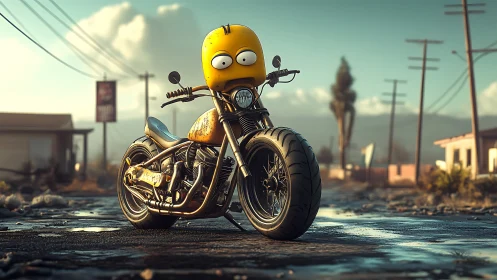 Wide-eyed yellow biker helmet crowns a desert road chopper.