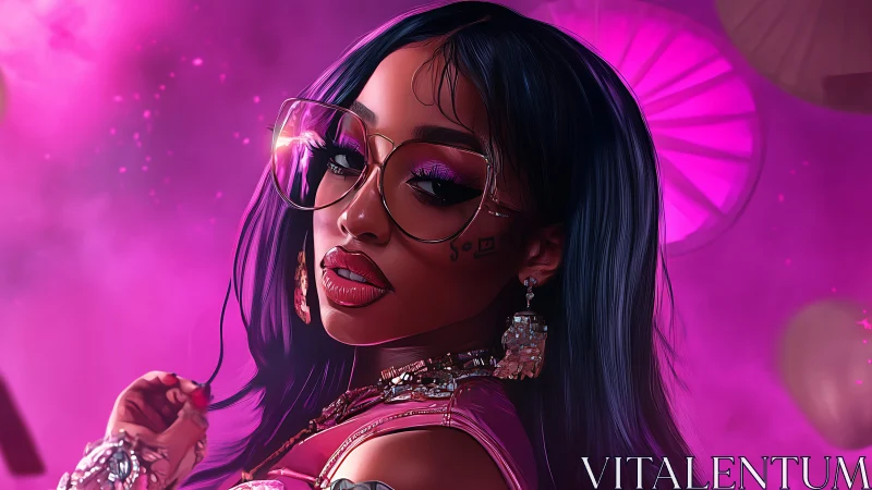 Neon-lit cyber glam portrait glows in vibrant magenta haze.
