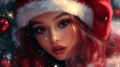 Digital portrait of young woman in red Santa hat.