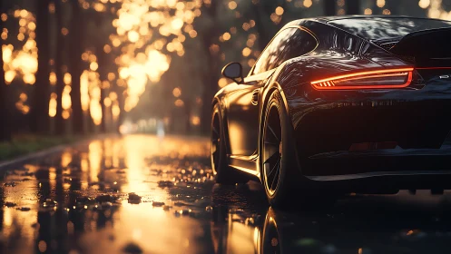 Rear-quarter sports coupe on wet road with bokeh illumination.