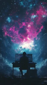 Lone coder shapes luminous nebula code within cosmic night