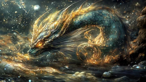 Glowing river dragon curled in swirling gold-lit waters.