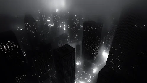 Midnight towers drift through neon fog above the city.