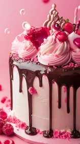 Luxury Pink Cake with Chocolate Drip and Fresh Berries