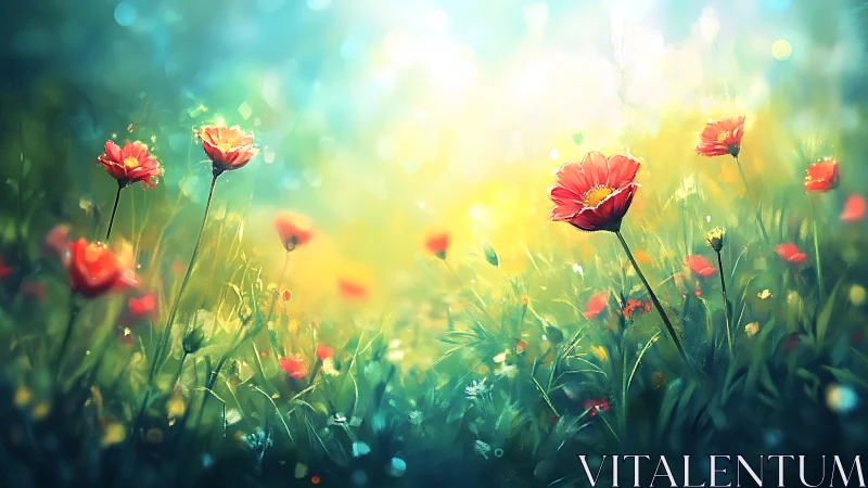 Red Flowers Blooming in Golden Sunlit Field