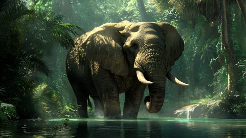 Majestic bull elephant advances through verdant jungle shallows