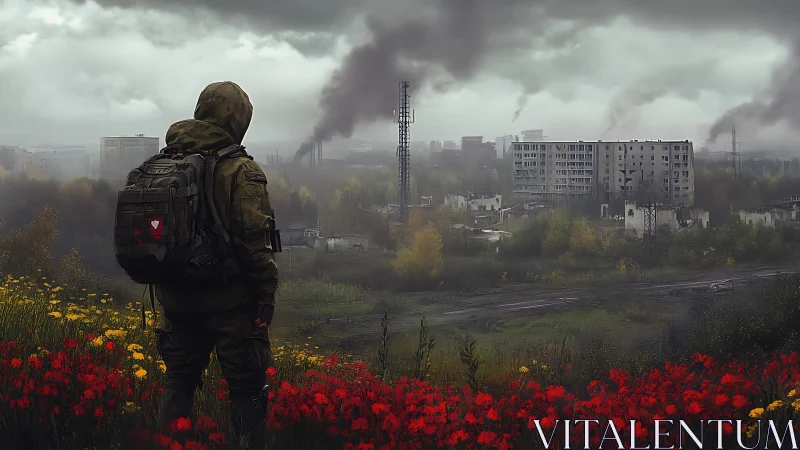 Solitary figure observing ruined industrial cityscape.