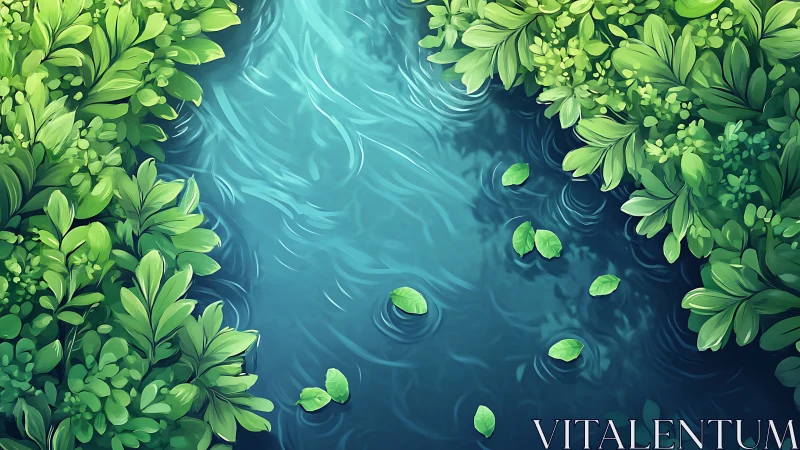 Tranquil river bend framed by lush emerald foliage artwork.