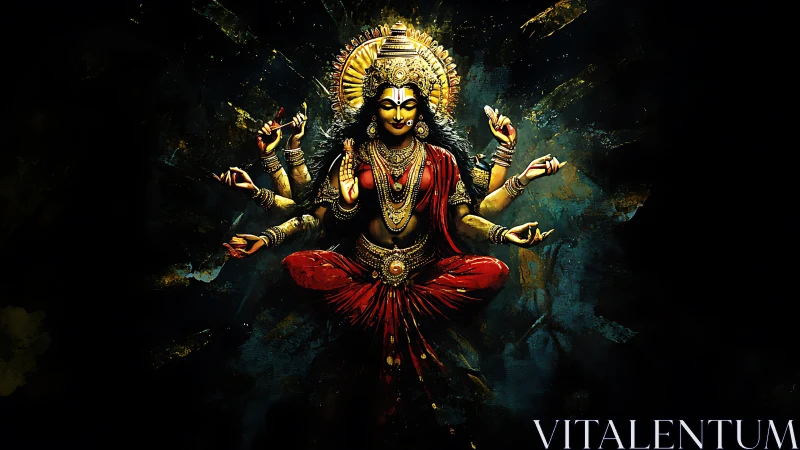 Radiant multi-armed goddess in glowing red and gold robes.