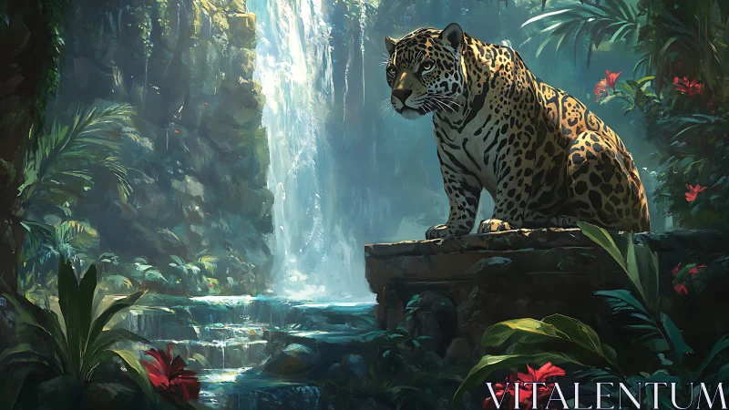 Jaguar specimen positioned on stone platform within lush canyon waterfall environment