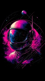 Neon-lit astronaut portrait with cosmic reflections and vector arcs