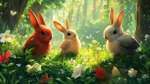Triadic-colored rabbits in sunlit forest glade with diffuse bloom