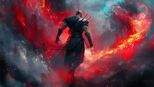 Warrior strides through swirling inferno and storm-torn void