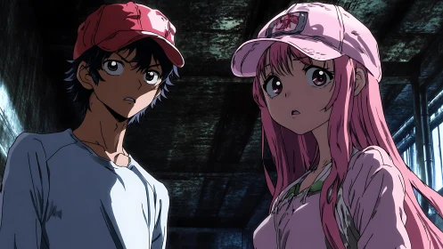 Curious anime duo explore a shadowy, mysterious hallway.