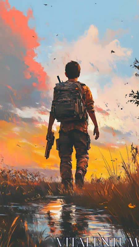 Sunset wanderer strides toward a bold, unknown tomorrow