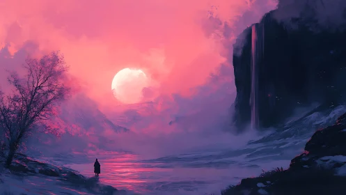 Solitary figure in pink mist landscape with waterfall at dusk.