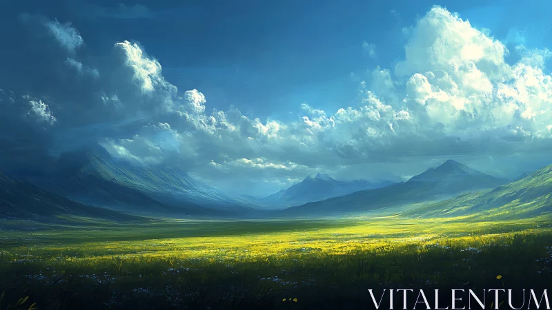 Sunlit valley meadow under wandering afternoon clouds.