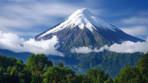 Snow crowned mountain rising over peaceful green forest.