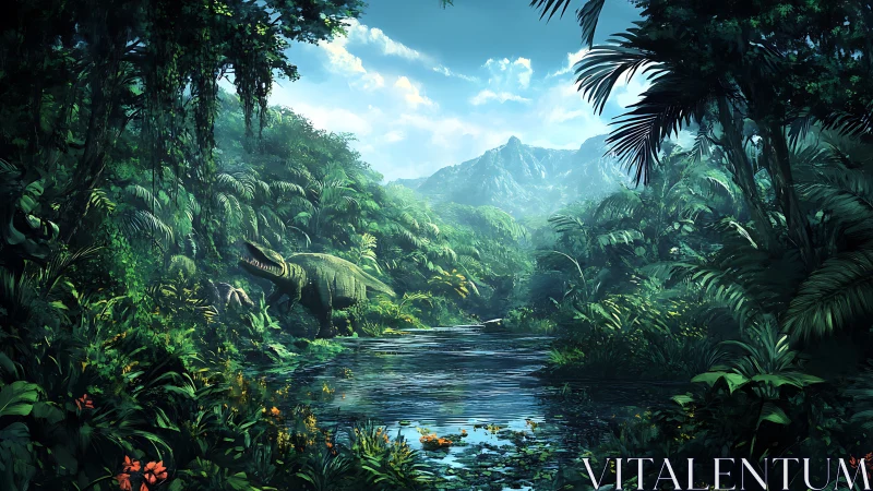 Primeval jungle river glows under misty mountains at dawn