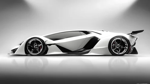 Side profile view of futuristic white low-slung sports car.