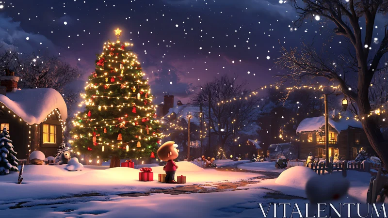 Snow-covered village square displays illuminated Christmas tree