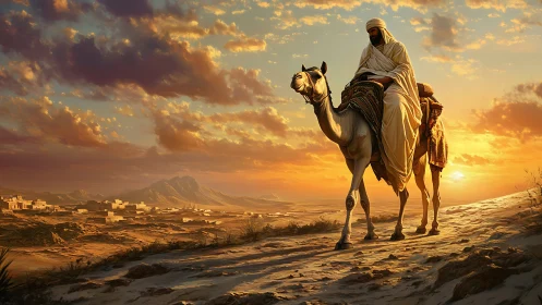 Camel rider traverses sunlit desert ridge at radiant sunset