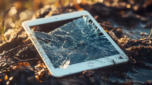 Shattered tablet rests in muddy leaves under soft evening light